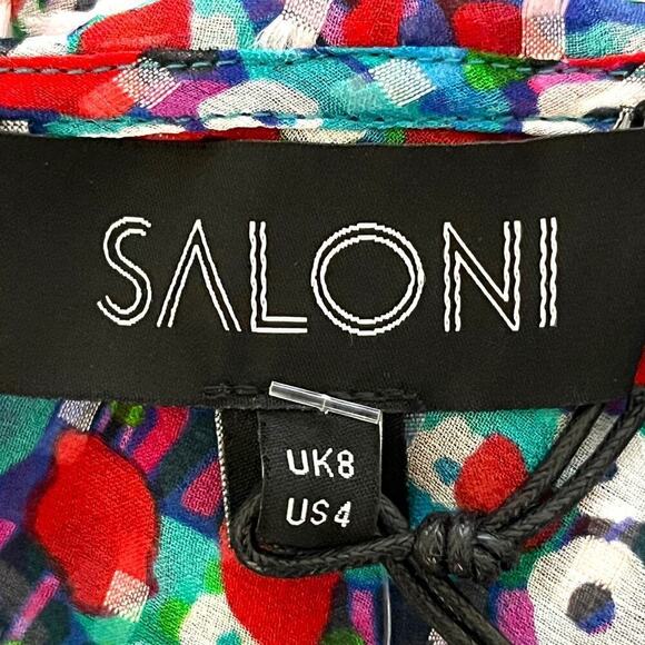 Saloni Women's Size 4 Silk Blend Iman Red + Blue Ruffled Wrap Blouse NWT - Picture 13 of 14